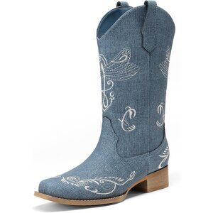 Dream Pairs Women's Blue Square Toe Cowgirl Boots Pull On Low Chunky Heel